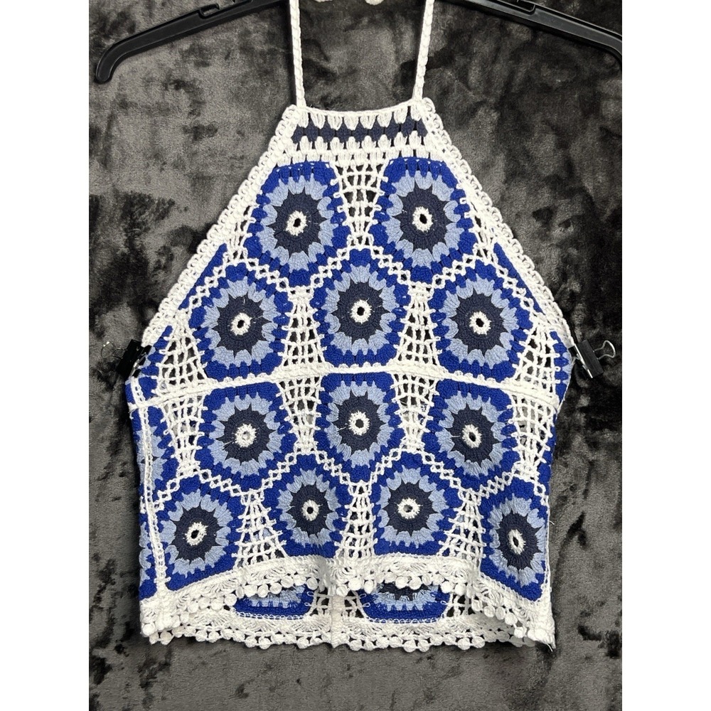 Rebellion London Crochet Halter Top Women's Small Blue Boho Festival Crop